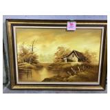 Acrylic Landscape painting with barn, Signed Joe