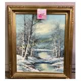 Acrylic On Canvas Winter landscape, signed E.