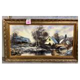 Acrylic on Canvas landscape with Cottages, 20th