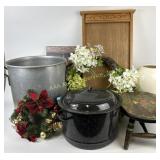 graniteware pot, stool, stock pot, wreath, vase