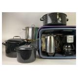 Graniteware pots, totes, coffee maker and other