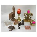 Carved Stone egg, brass items: bell, book end,
