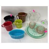 Uranium glass platter, Fiesta mugs & bowl, pink