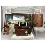 Wooden magazine holder, wooden framed mirror,