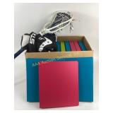 Lacrosse gloves &  stick, box full of 3 ring