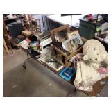 Large Chenille stuffed bear, wooden tray, glass