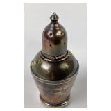 Sterling & glass salt shaker. Tarnish and dents.