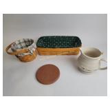 Longaberger pitcher, button basket brick,