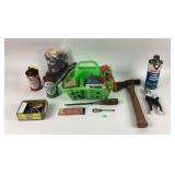 Valvoline can, clamps, tools - Hatchet,