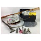 Cue sticks, (2) marble stone circular slabs, road