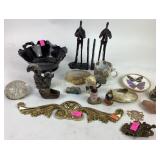 Black glass bowl, brass wall hang, Fenton