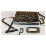 Log chain; c-clamps, iron ice block tongs, iron