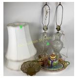 Pink glass bell, cut glass lamps with shades,