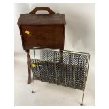 MCM magazine rack, wooden standing sewing box.