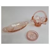 Pink depression glass:  basket, relish dish,