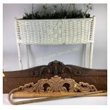 Wicker planter, wood carved mantle board, wood