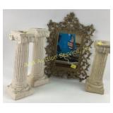 Gold painted cast iron framed mirror, (3) pillar