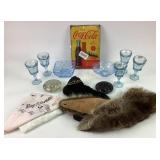 (5) Pale blue wine goblets, blue glass bowls, fur