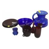 Ruby red glass plates & cups, cobalt blue