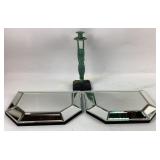 Beveled glass shelves, metal woman candle holder