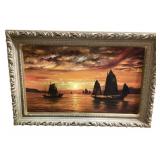 Oil on canvas - Seascape with Chinese Junk Ships