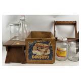 Wood step stool, wood shelf, glass jars & jug,