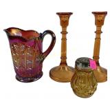 Carnival glass pitcher, Amber glass spice shaker,