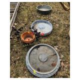 (3) cement base, cement birdbath, galvanized