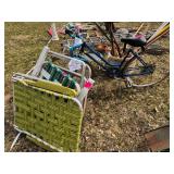 Schwinn varsity Street bike, lawn chairs