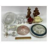 Faux wood figurines, glass dog, egg cups, pink