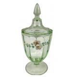 Uranium green enameled depression glass candy jar