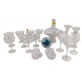 Cut glass etched basket, candlestick holders,