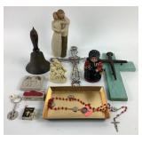 Metal Amish lady coin bank, brass bell, willow