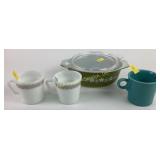 Pyrex casserole dish, mugs, lid, fiesta mug