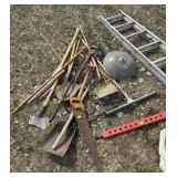 Yard tools: Axe, rakes, pitch fork, shovel & more