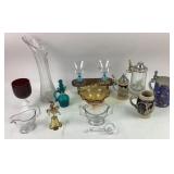 Pressed glass swung vase, steins, amber hobnail