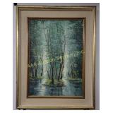 Acrylic on canvas - wooded landscape - signed