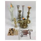 Nambe silver toned candle sticks, brass candle