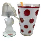MCM red polka dot vase, womanï¿½s form glass tea