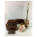 MCM lamp, floral lampshade, wooden shelf, MCM
