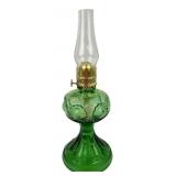 Victorian EAPG green glass miniature oil lamp P&A