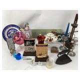 Etched pink glass pedestal vase, sad iron, blue