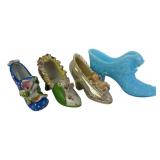 Porcelain Shoe Figurines and Fenton Glass Cat Shoe