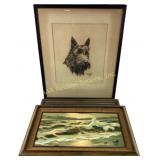 Framed Artworks Including Sea Scene, Dog Portrait,