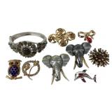 Costume Jewelry pins : bronze color flower, owl,