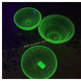 (3) uranium green depression glass bowls, one