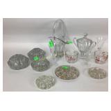 (6) glass flower frogs, etched glass basket, (2)