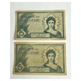 (2) 1942 Algeria 5 Franc currency notes