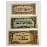 (3) WWII era Japanese currency notes 1 cent, 5