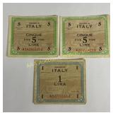 (3) Italy Series 1943 A 5 Lire (2) & Series 1943